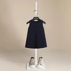 Spring Summer Girls Korean Fashion Casual Princess Style Cute Navy Blue  Printed Bow Doll Collar Design Sleeveless Vest Dresses