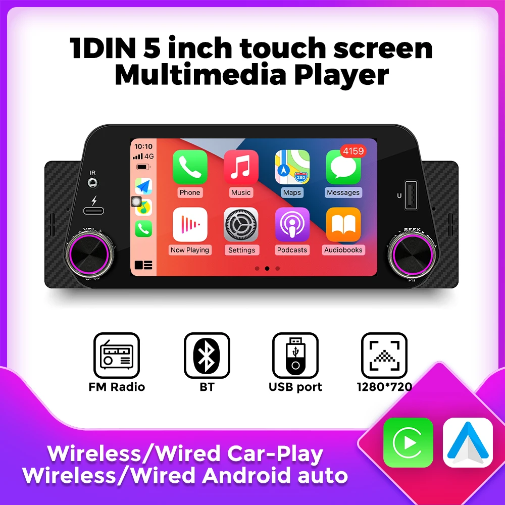 Reproductor Multimedia Universal para coche, Radio con pantalla táctil de 5 pulgadas, 1 Din, compatible con CarPlay, Android, FM, SWC, BT, cámara,