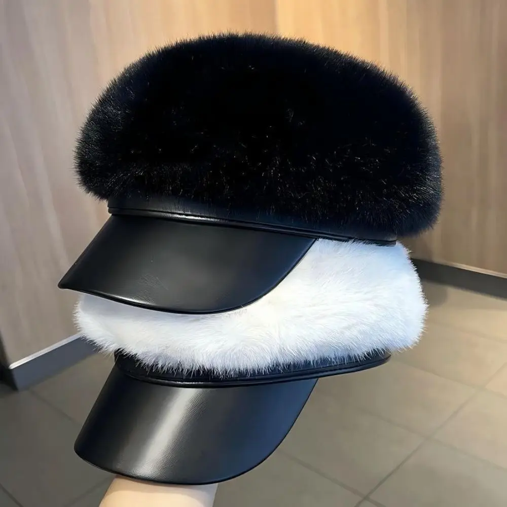 Vintage Style Faux Mink Fur Newsboy Cap PU Brim Adjustable Winter Hat Octagonal Shape Navy Hat Winter Daily