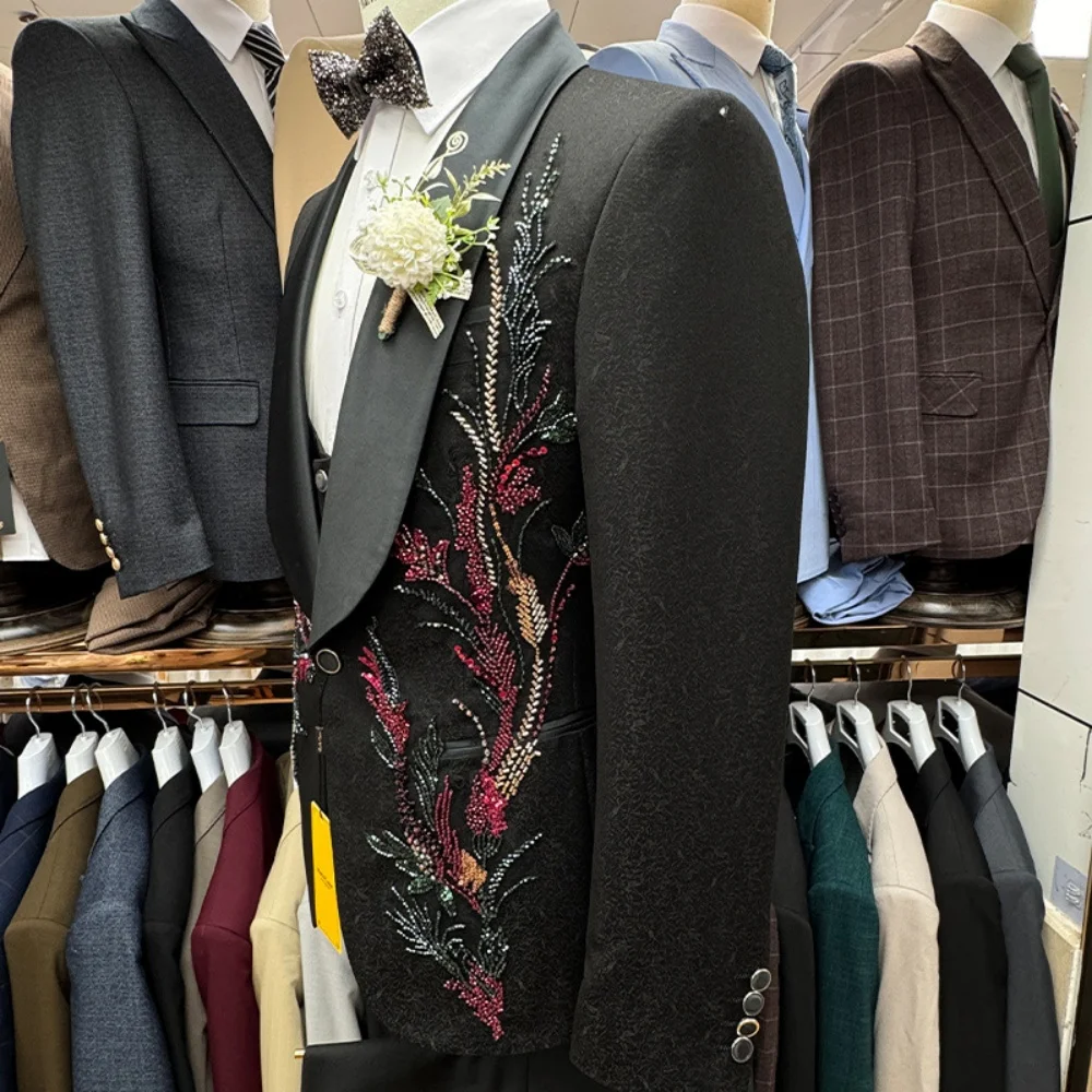 الفاخرة زين الرجال البدلة مجموعة 3 قطعة لحفل الزفاف الكلاسيكية كريستال العريس البدلة بدلة الحفلات بليزرات السراويل بدلة رجالية رائعة