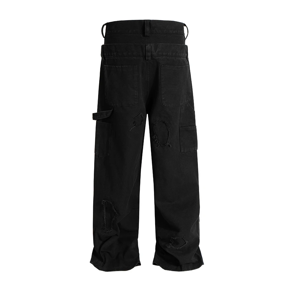 Streetwear Double Waisted Tassel Wide Leg Pants for  Men Ropa Hombre Straight Black Baggy Jeans Oversized Denim Trousers