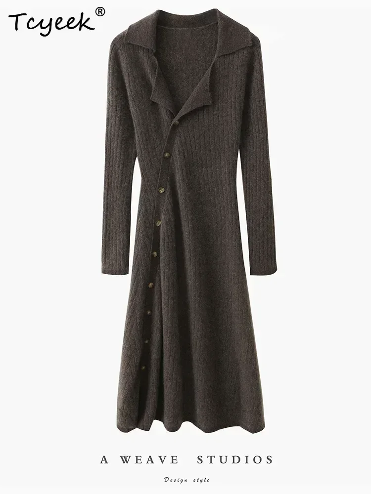 New Dress 100% Merino Wool Autumn Winter Women's Warm Sweater Button Up Collar Deep V-Neck Long Dress Clothes Cashmere Knitwear