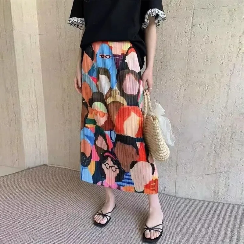 

Miyake Pleated Clothes 2025 Summer New Elegant Temperament Slit Printed Half Skirt Slim Fit Versatile A-line Skirt