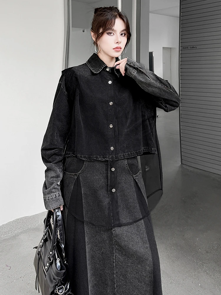 Women Black Denim Lace Mesh Spliced Big Size Blouse New Lapel Long Sleeve Shirt Fashion Tide Spring Autumn