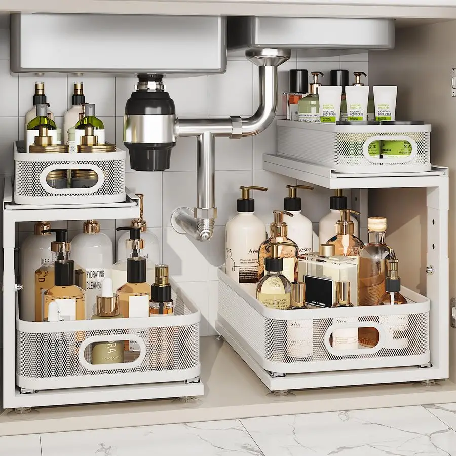 

Pack Under Sink Organizer With NextGen BallBearing Slides,2Tier Precision Mesh Pull Out Cabinet Drawers Storage for BathroomampK