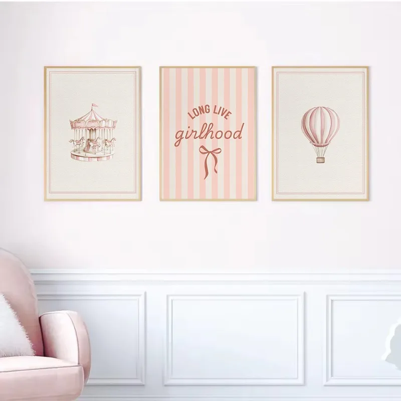 Vintage Carousel Hot Air Ballon Floral Rabbit Mother&Baby Girlhood Poster Canvas Painting Wall Art Pictures Home Decor