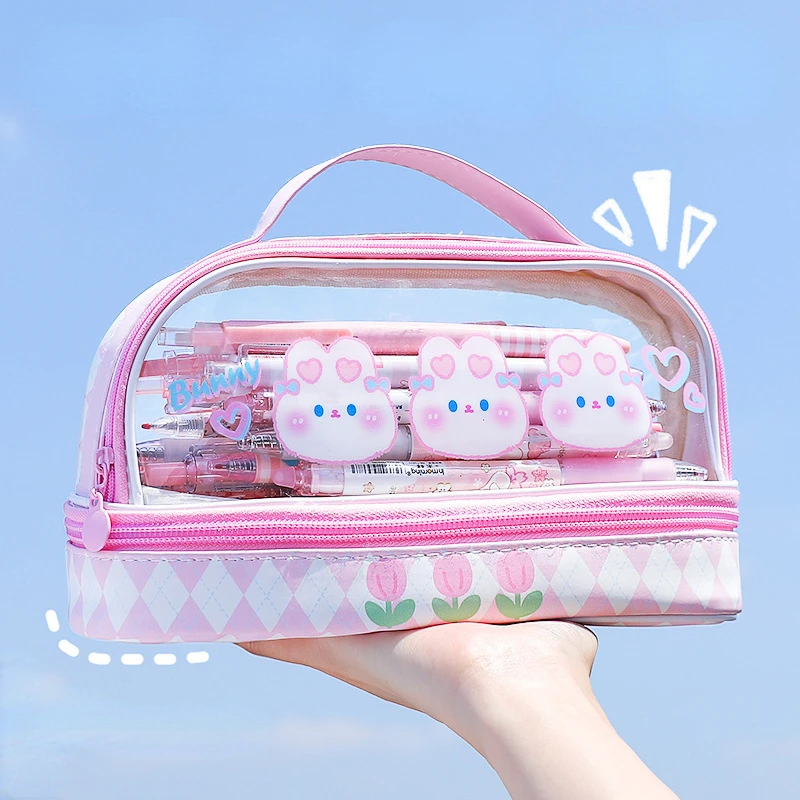 Kawai Cartoon Large Capacity Makeup Case Cute Baer Rabbit Portable Lipstick Cosmetic Bag Student Pencil Case Storage Washing Bag