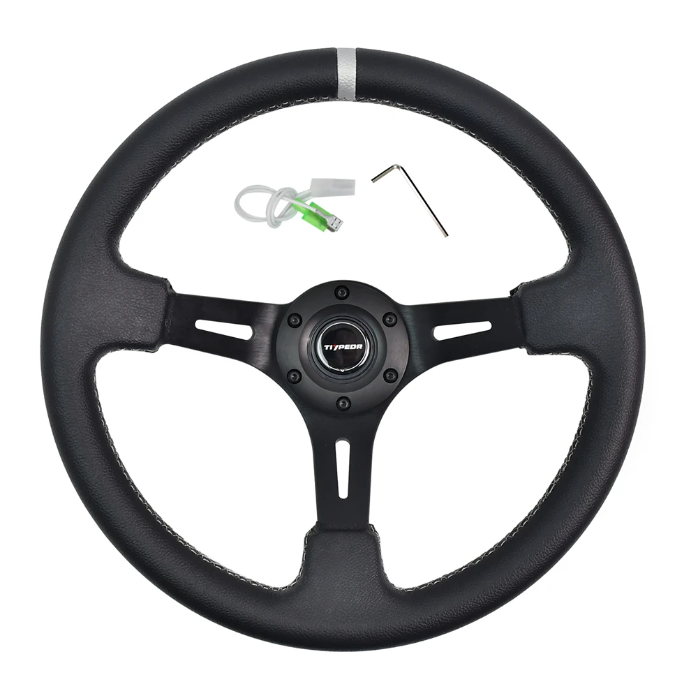

TIYPEOR 340mm Black Leather Racing Steering Wheel Deep Concave 6 Holes Universal Sports Steering Wheel With Grey Interface