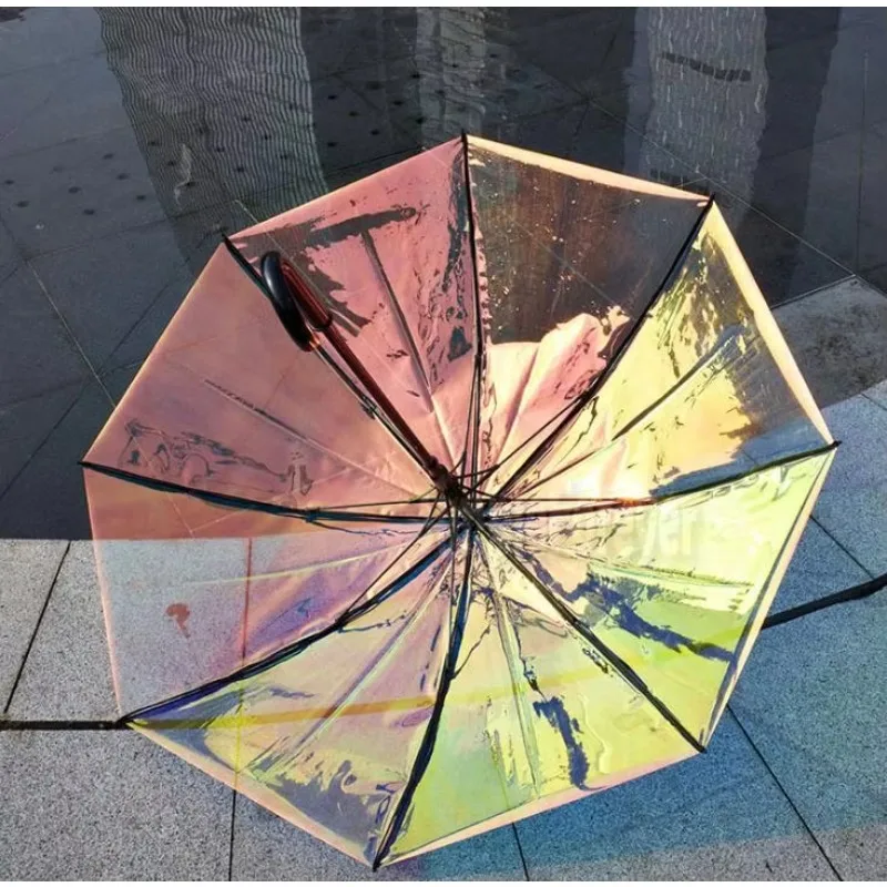 Laser Transparent Umbrella Rain Sunshade Long Handle Colorful Gradient PVC Holographic Umbrellas Outdoor Travel Umbrella