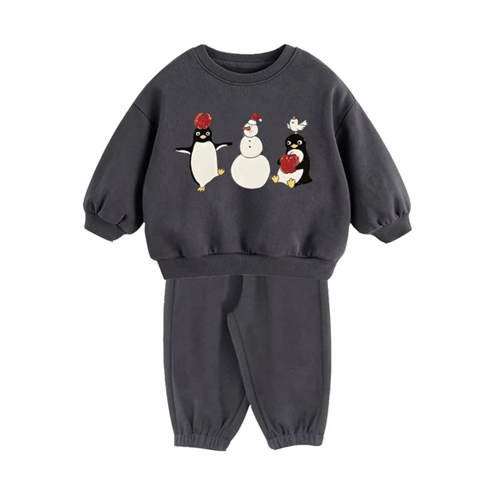 

2025 Fleece Baby Boy Girl Tracksuits Cute Printed O-neck Sweatshirt + Pant Toddler Clothes Set for Autumn Winter