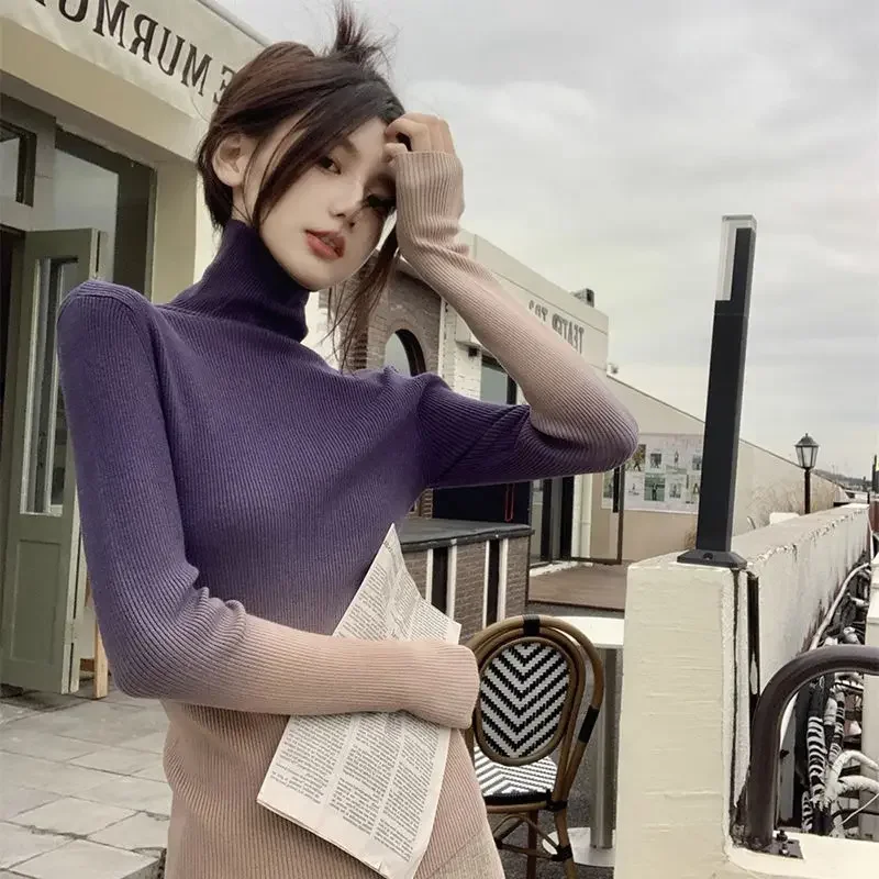 2023 New Solid Autumn Winter Thin Casual Pullovers Slim Ladies Tops Turtleneck Sweater Simplicity T-Shirts Women's Clothing