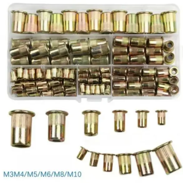 Veekaft 120pcs/box Rivet M4M5M6M8M10 set, color-plated zinc rivet nut pull female pull flat head pull cap small countersunk head