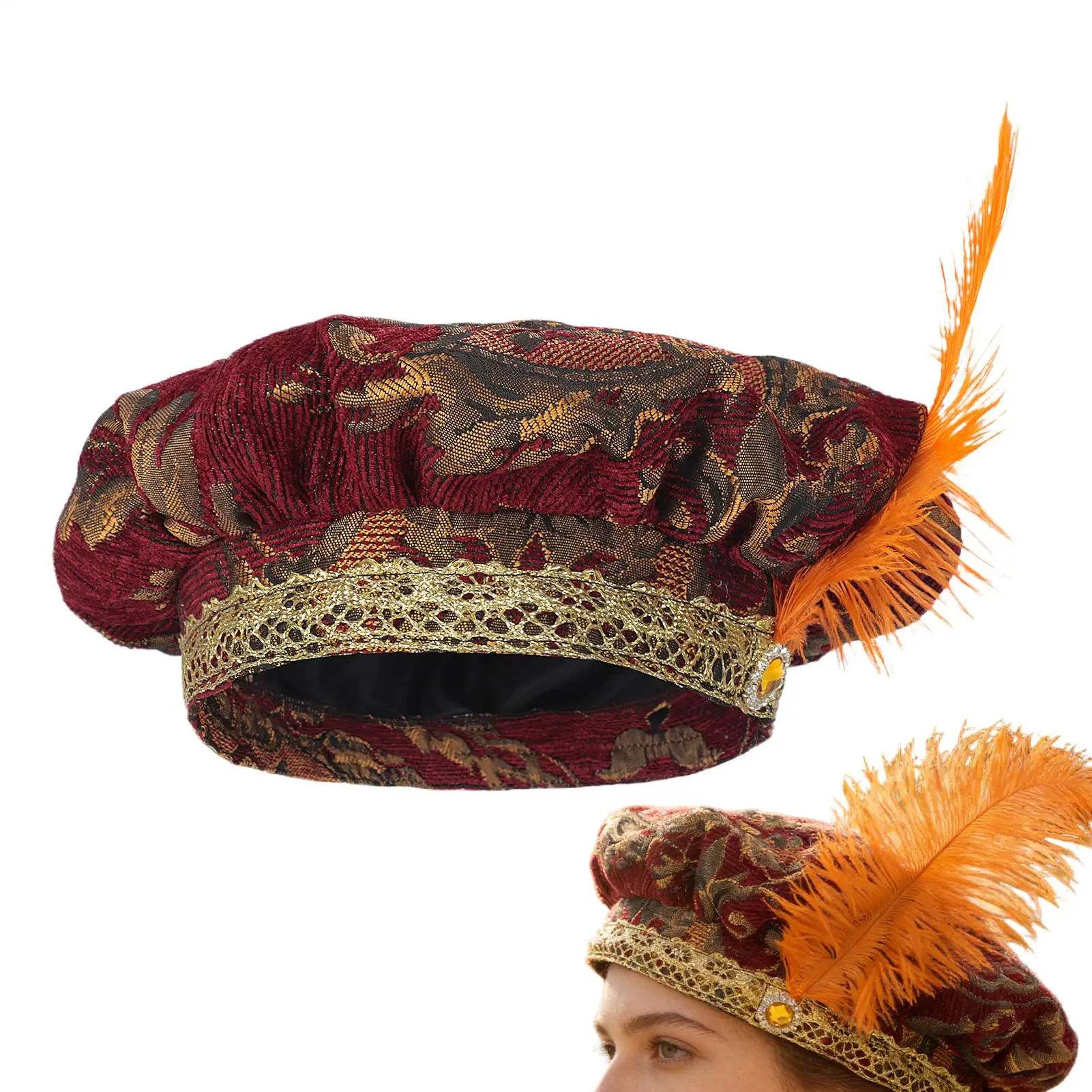 Medieval Tudor Hat Men WithFeather Renaissance Velvet Men's Puffed Caps Elizabeth Flat Hats Hat Circumference 59cm