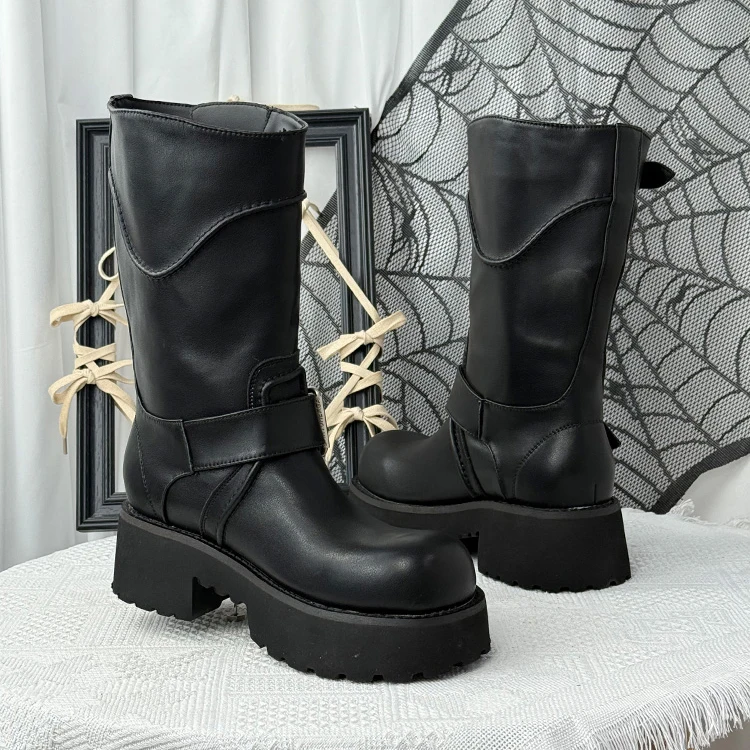 

Мотоциклетные ботинки из мягкой кожи с круглым носком, уличная одежда в стиле ретро, ботиночки до середины икры, увеличивающие рост, на толстой подошве, без шнуровки до колена