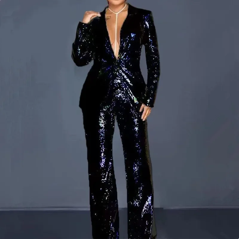 Fashion Solid Women 2 Pieces Sets Blazer Pant Suits Spring 2023 Long Sleeve Sequins Blazer Coat High Waist Wide Leg Pants Female