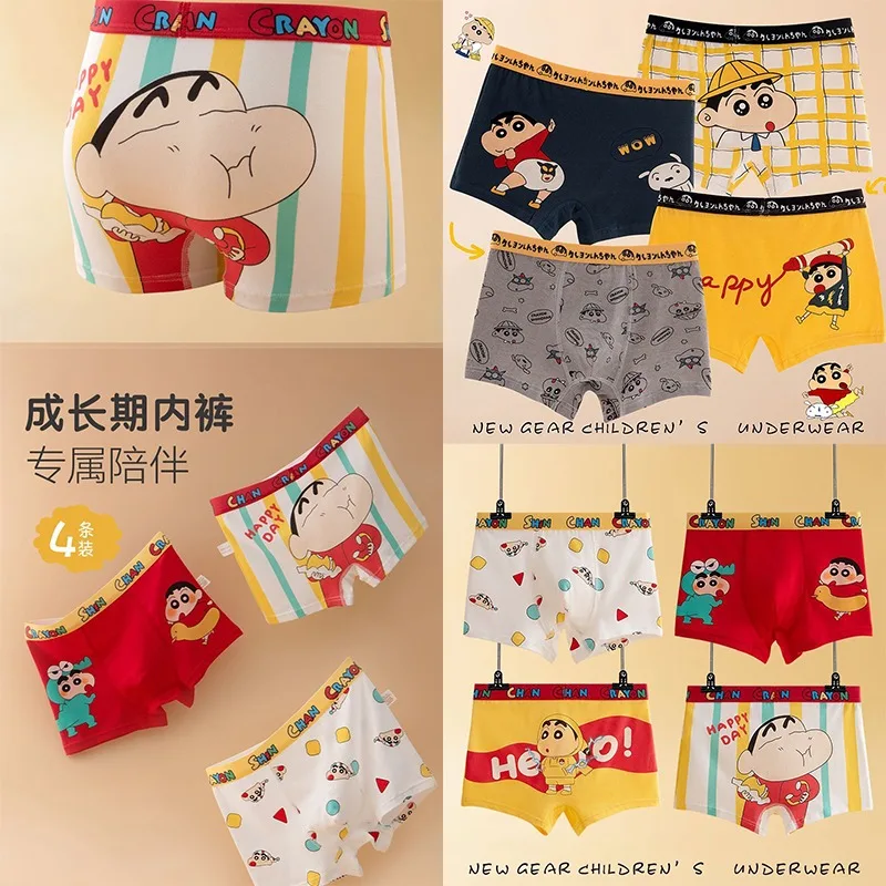 4pcs Crayon Shin Chan Men\'s Underwear Anime Pure Cotton Children Flat Corners Summer Thin Spring Cartoon Cute Breathable Shorts