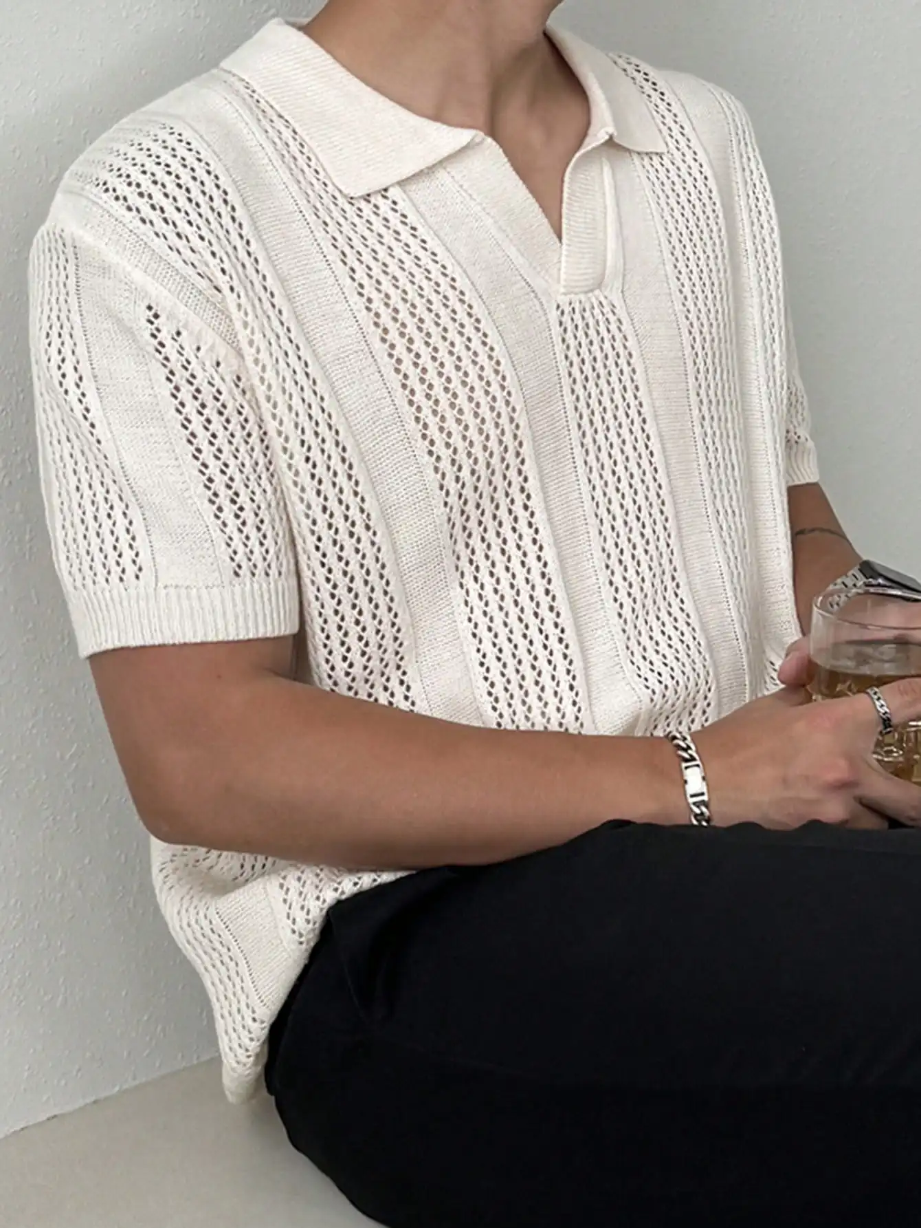 

Men's Breathable Knit Polo Shirt with Openwork Pattern - Summer Casual Wear