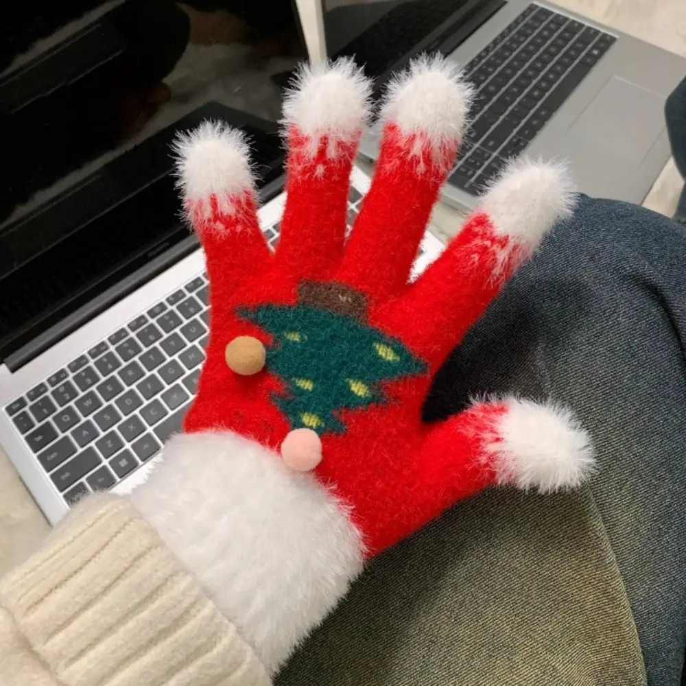 

Thickened Insulation Christmas Tree Gloves Warm Plush Knitted Design Winter Gloves Cold-Proof Comfortable Five-finger Gloves