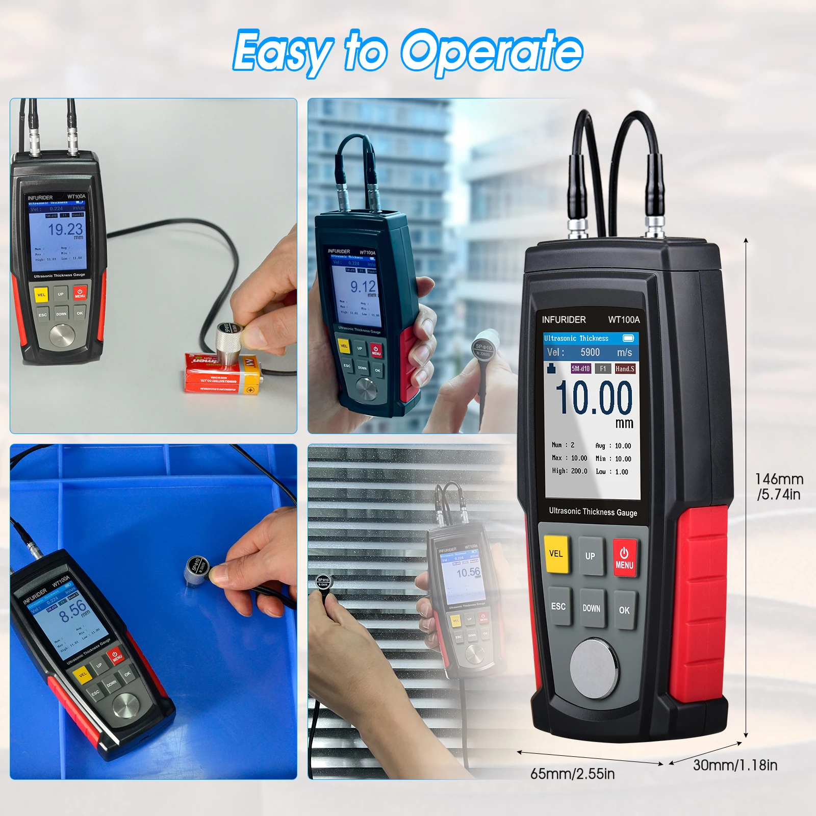 WT100A Ultrasonic Thickness Gauge - Digital High Precision Tester 0.04-11.8IN Tool for Metal Plastic Glass Measurement