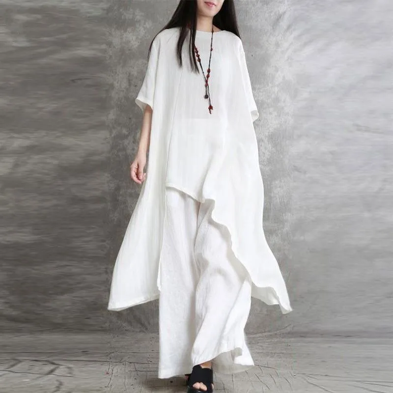 

New Cotton and Linen Export Set Large Size Solid Color Casual Two-piece Set Loose Irregular Fashionable Women Wear Top Trousers