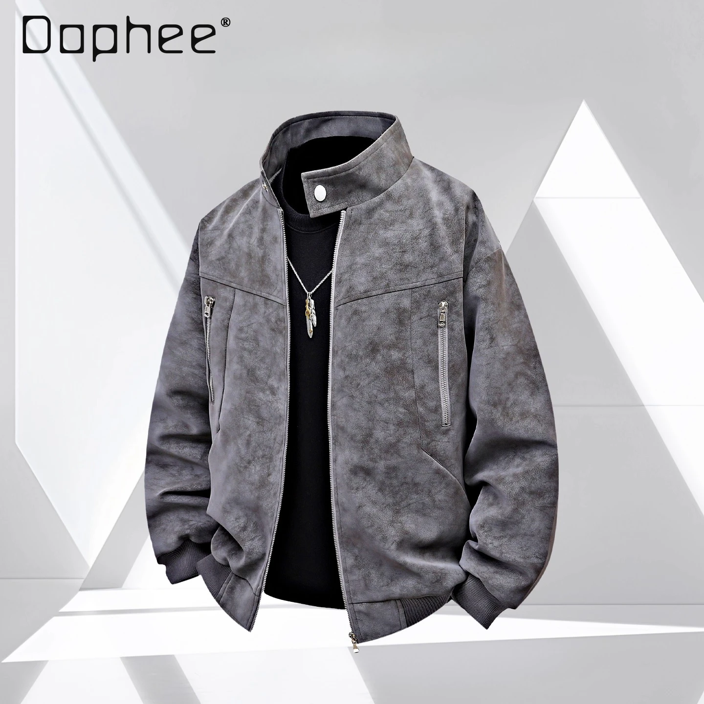 2025 Autumn Winter New Men's Faux Suede Brown Leather Jacket Fleece Lining Thickened and Warm Black and Gray Leather Jacket