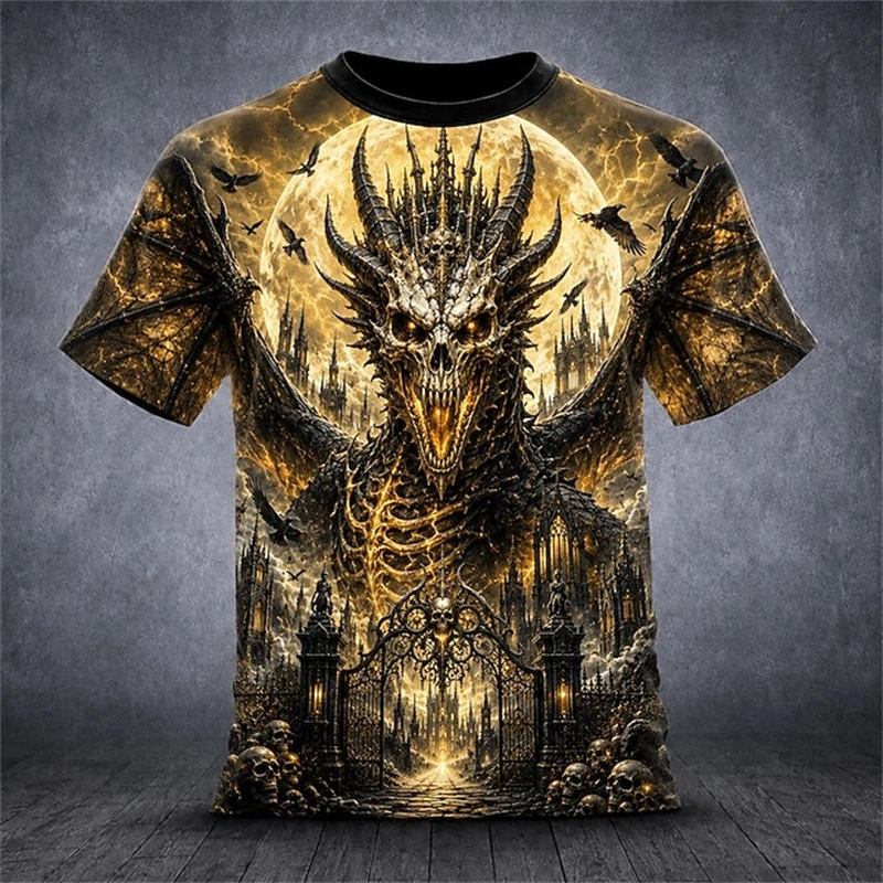 2026 New Men's Dragon-Print Short-Sleeve T-Shirt Round-Neck Horror-Themed Short-Sleeve Shirt Men's Casual Top for Club Parties