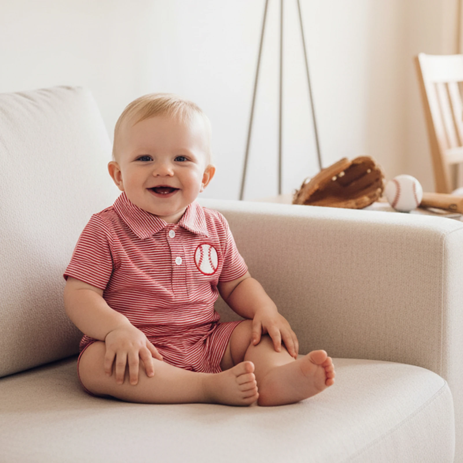 

Summer Newborn Infant Baby Boys Casual Rompers Lapel Collar Short Sleeve Baseball Embroidery Button Striped Jumpsuits