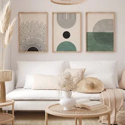 Set of 3 Green Modern Boho Art Poster Geometry Abstract Mid Century Retro Painting Canvas Print Wall Picture Home Decor