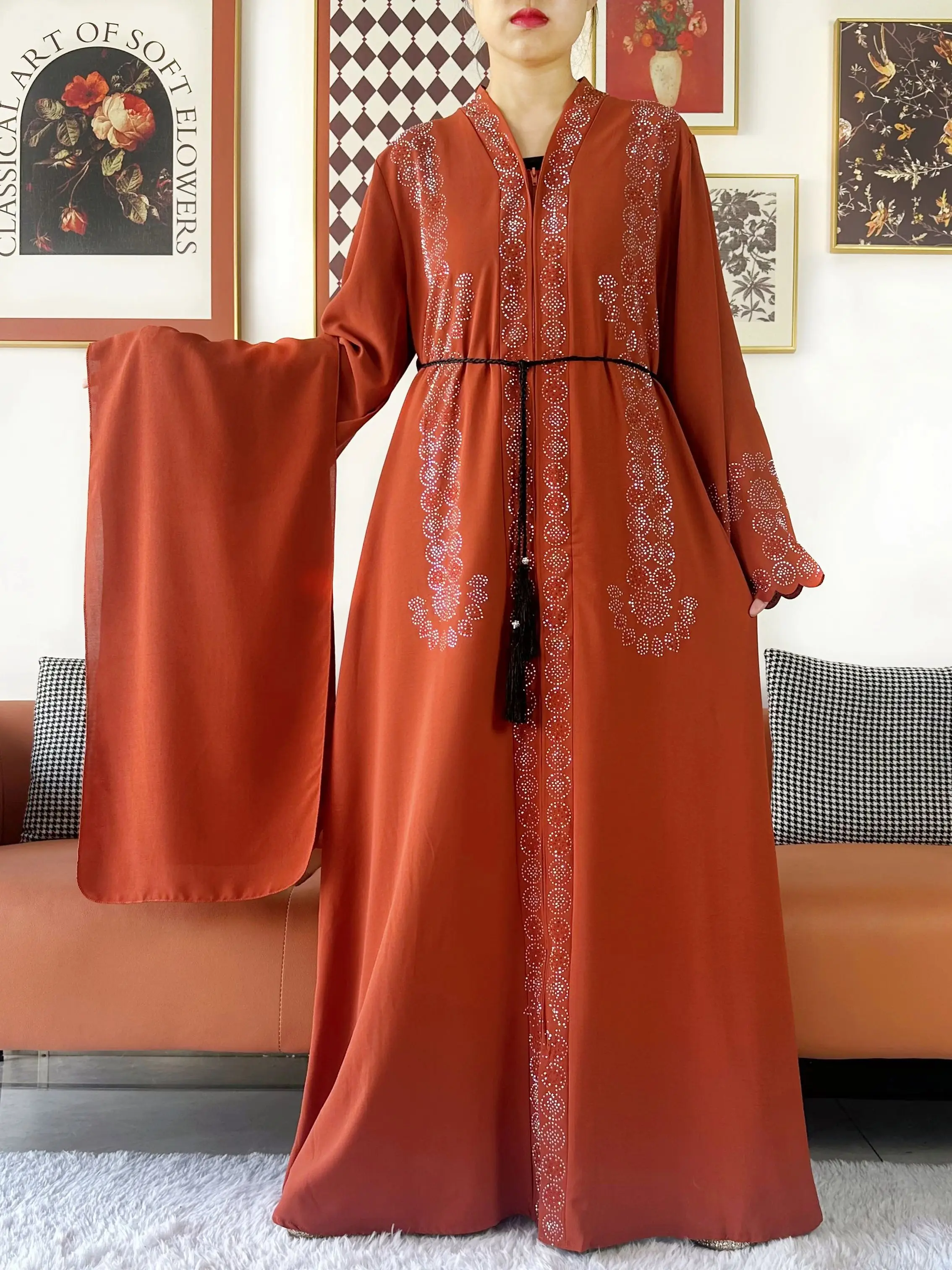 Muslim Ramadan Fashion Long Sleeve Dress Rhinestones Cardigan Muslim For Women Open Abaya Dubai Caftan Islamic Kimono Clothing