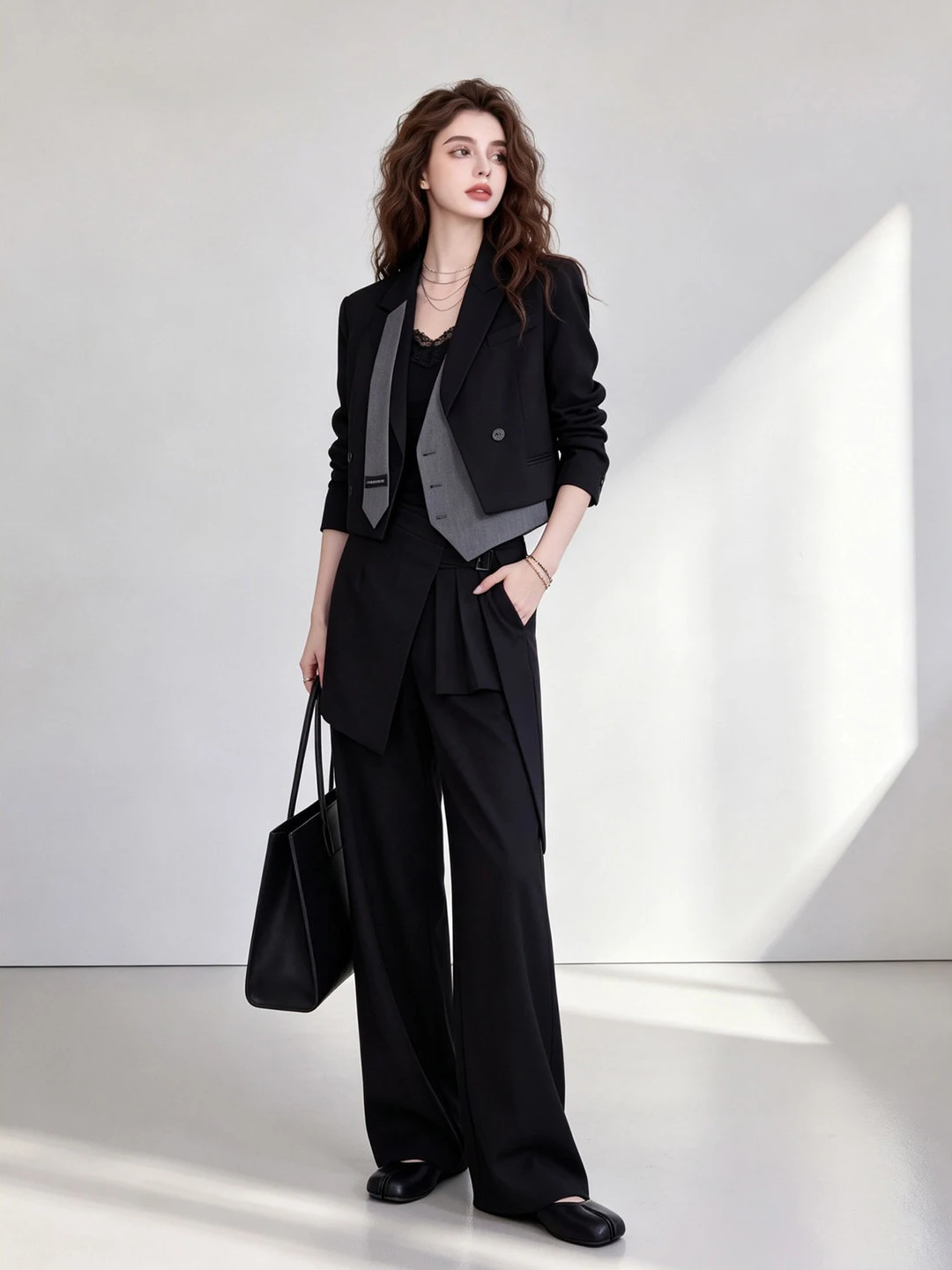 plus Size Black Suit Jacket Women's Commute Style Elegant Slimming Trendy French Style Loose Fit Long Sleeve Double Breasted