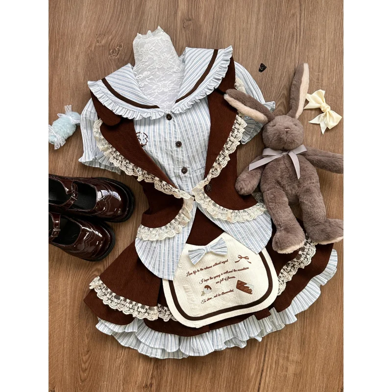 Lace Ruffle Edge Vest + Cute Bow Contrast Color Short Sleeved Shirt + High Waisted Lace Cake Skirt 3 Pcs Sets Sweet Y2k Suits