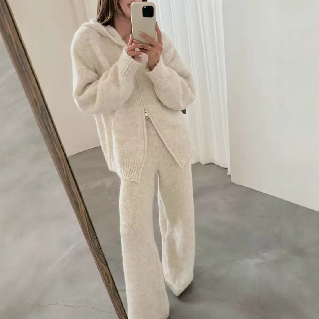 

SuperAen Fashion Casual Women's Knitted Autumn and Winter New Loose Thick Hooded Zipper Sweaters Long Wide-leg Pants Sets