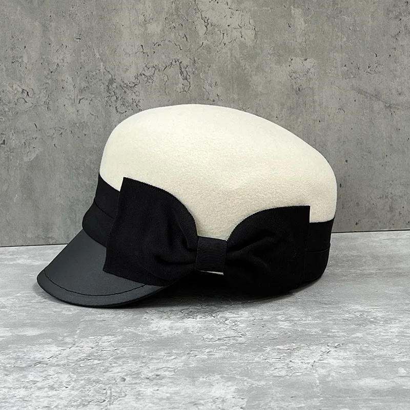 Delicate and elegant little fragrant wind bow wool equestrian hat women\'s British vintage leather bowler hat fashion all-match