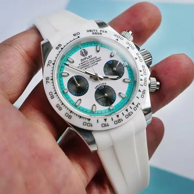 OKPLAY Men Chronograph Watch Pilot 39.5mm Quartz Wristwatch Sapphire Mirror 10ATM Waterproof VK63 Ceramic Bezel