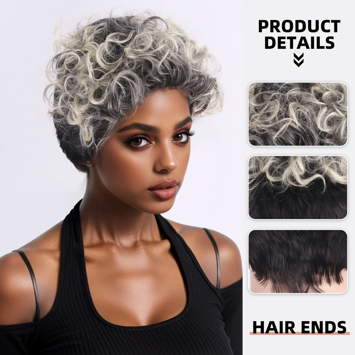African small fluffy fashionable women's silver gray short curly hair wig full head cover-Synthetic fiber wig
