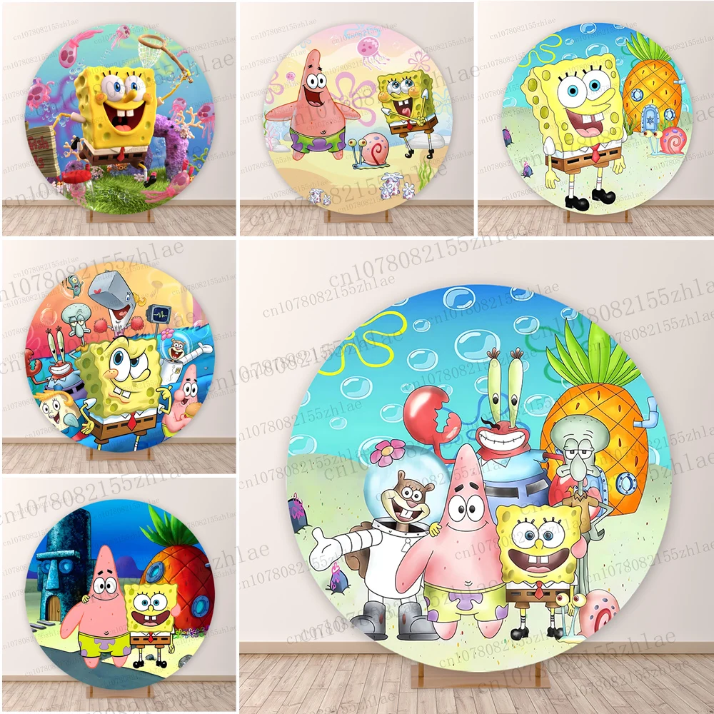 

SpongeBob Birthday Party Photo Background Baby Shower Background Decoration Round Cartoon Photo Backdrop