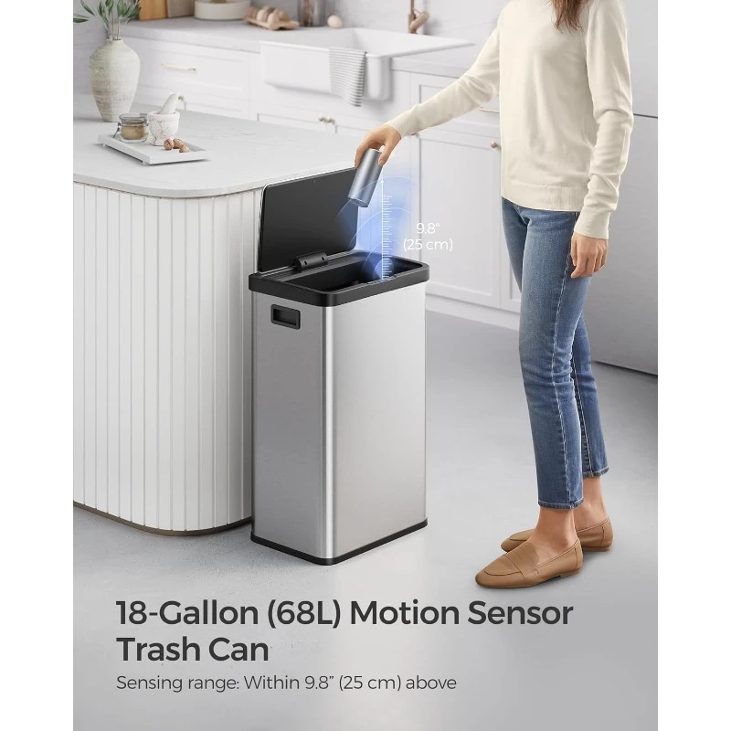 2025  Motion Sensor Trash Can  Soft Close, Stainless Steel, 15 Trash Bags Included, Metallic Silver ULTB630E68