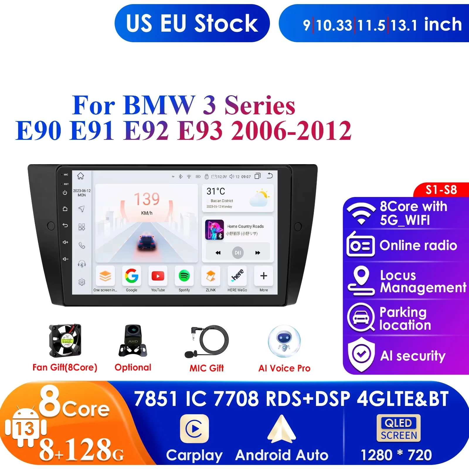 

Hizpo 4G 9'' Pro AI Android 13 Car Radio For BMW 3 Series E90 E91 E92 E93 2006-2012 Wireless CarPlay Auto Car Intelligent System