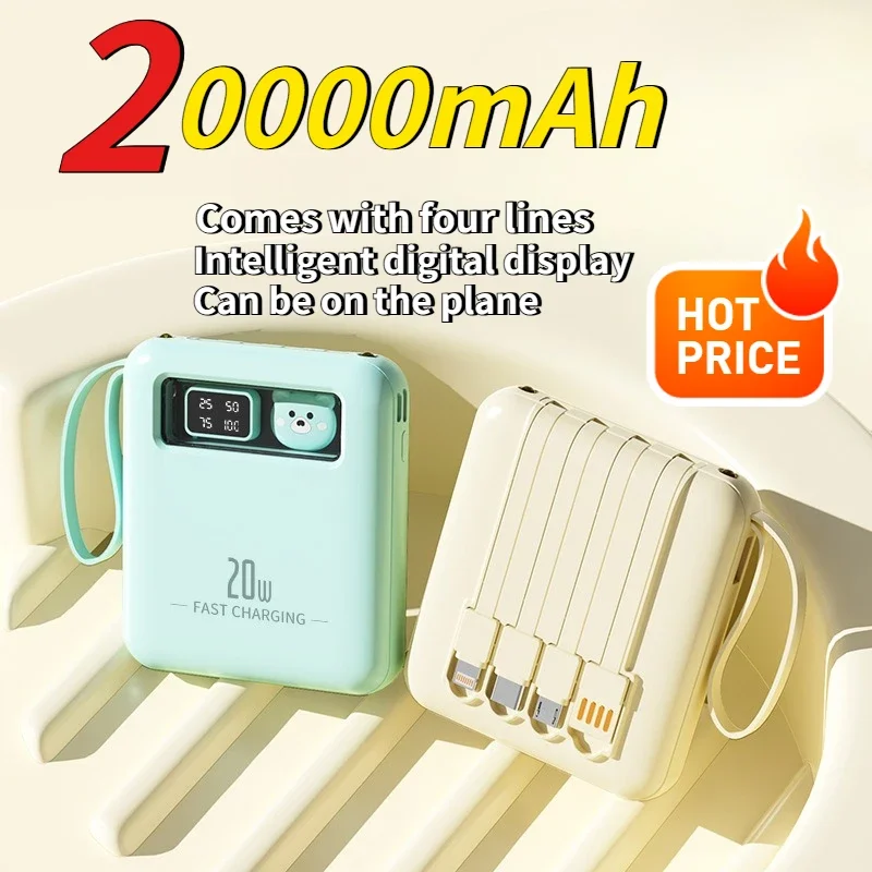 

Для iPhone Xiaomi Samsung 20W Mini Power Bank 20000 мАч Встроенный кабель Cartoon Powerbank Портативное зарядное устройство Быстрая зарядка