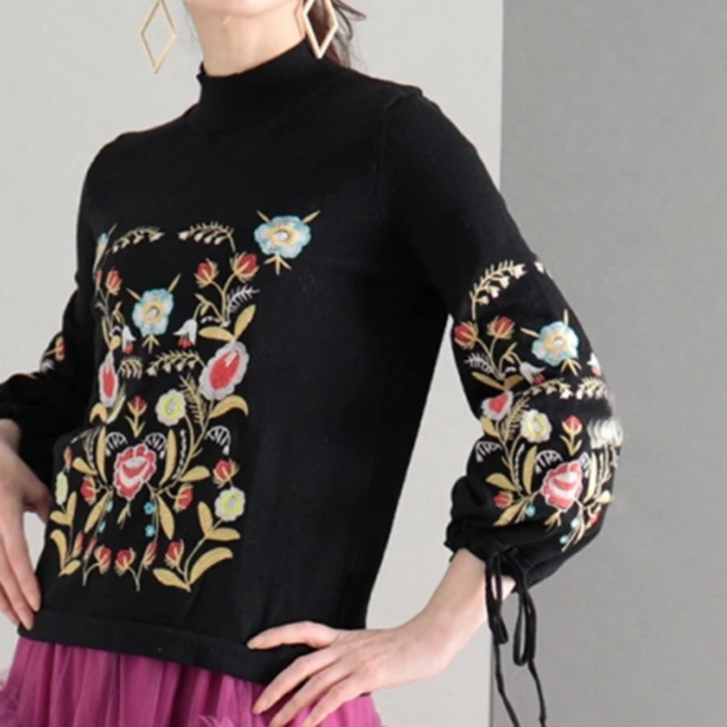 BPN Hit Color Patchwork Embroidery Knitting Sweaters For Women Turtleneck Long Sleeve Spliced Lace Up Pullover Sweater Female