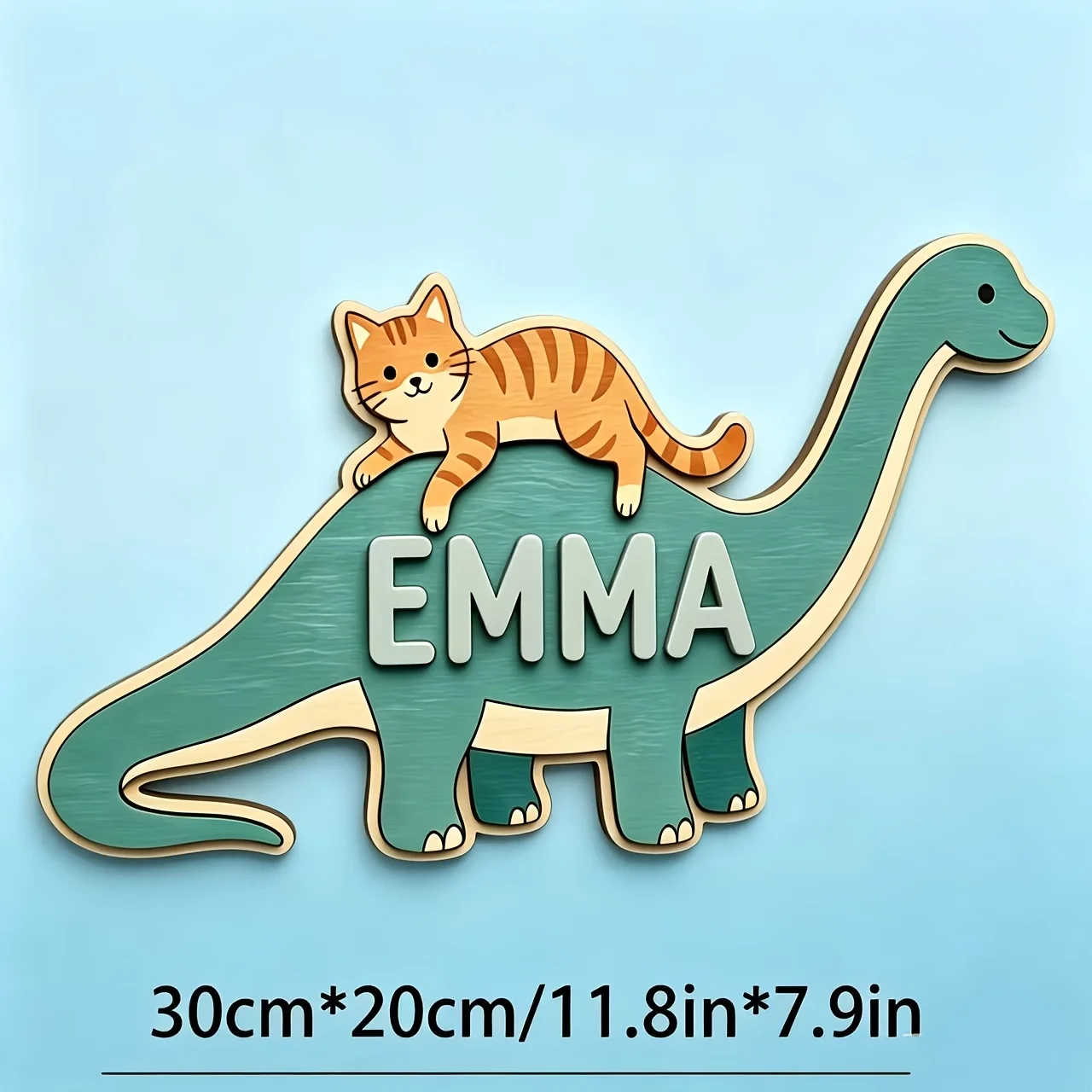 Personalized Cat Riding Dinosaur Name Room Sign, Customizable Cute Cartoon Wooden Plaque, Nursery Bedroom Decor, Sweet Gift - view 2