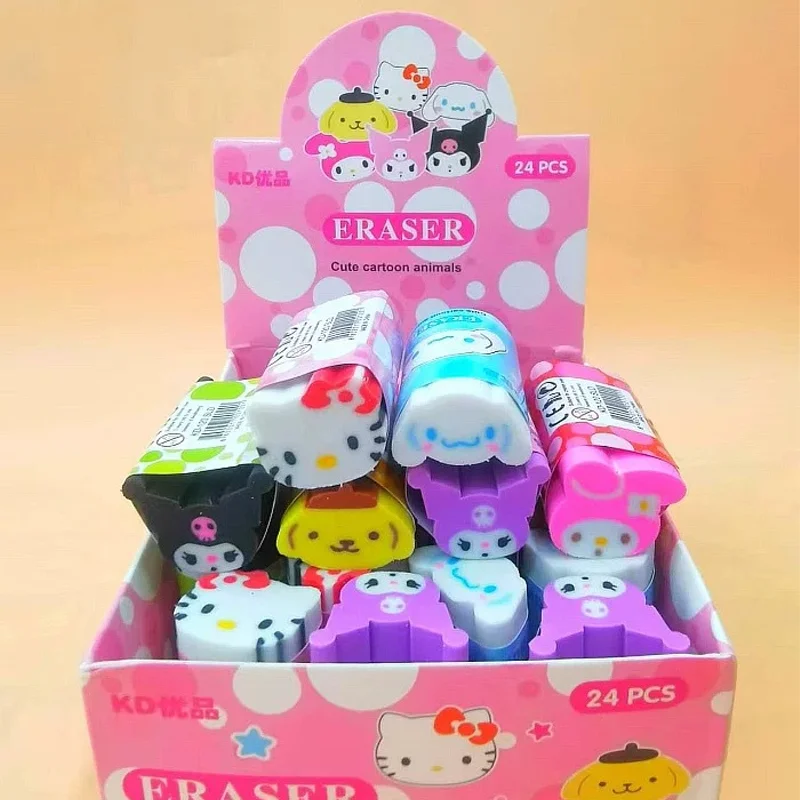 

Sanrio 24 шт. мультяшный ластик, новый милый Kuromi Cinnamoroll Hello Kitty Kawaii полоска, режущие резиновые школьные канцелярские принадлежности для детей