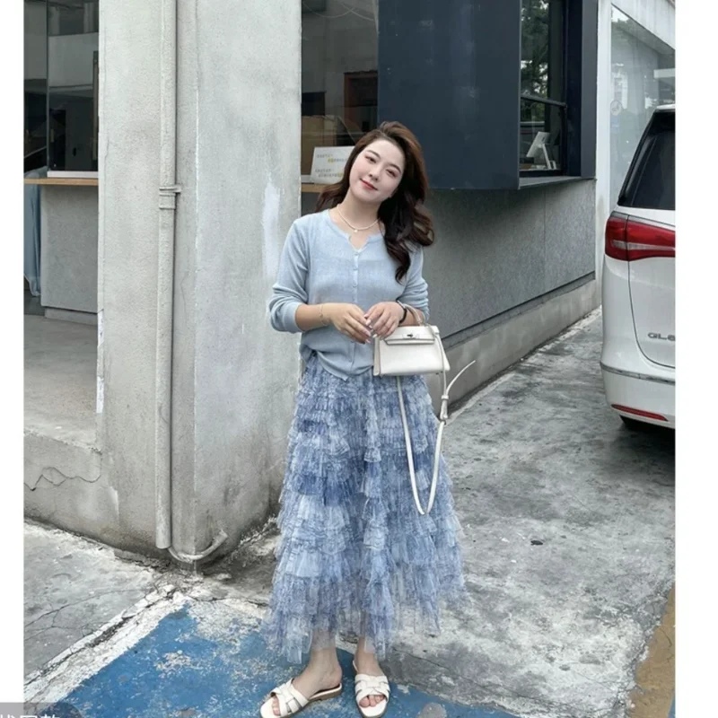 Tie-Dye Mesh Skirt Women's High Waist Cake Half Skirt Cute Unique Beautiful Skirt Casual Style Polyester Fabric Elastic Waist