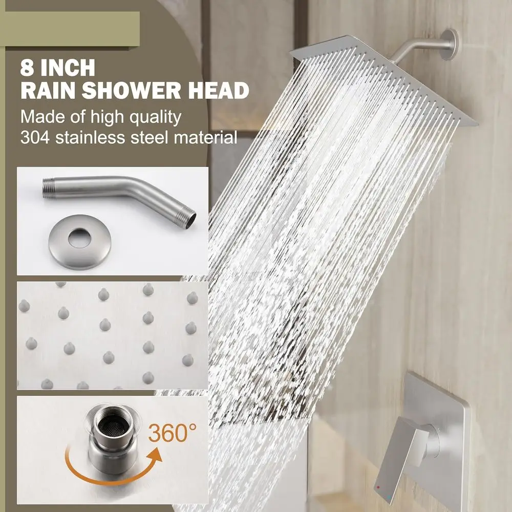 مجموعة رأس دش مطري 8 معدنية بالكامل مع صنبور حوض استحمام من النيكل المصقول ومجموعة حواف بمقبض واحد