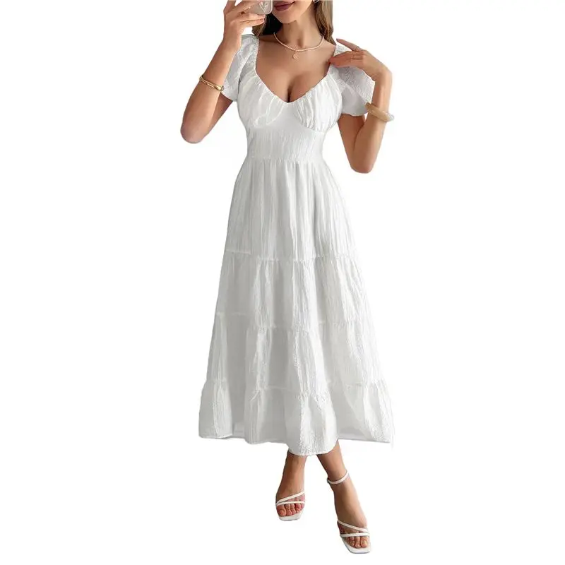 CYL-Women's Summer Casual Midi Dress Puffy Short Sleeve V-Neck Smocked Tiered Ruffle Dresses