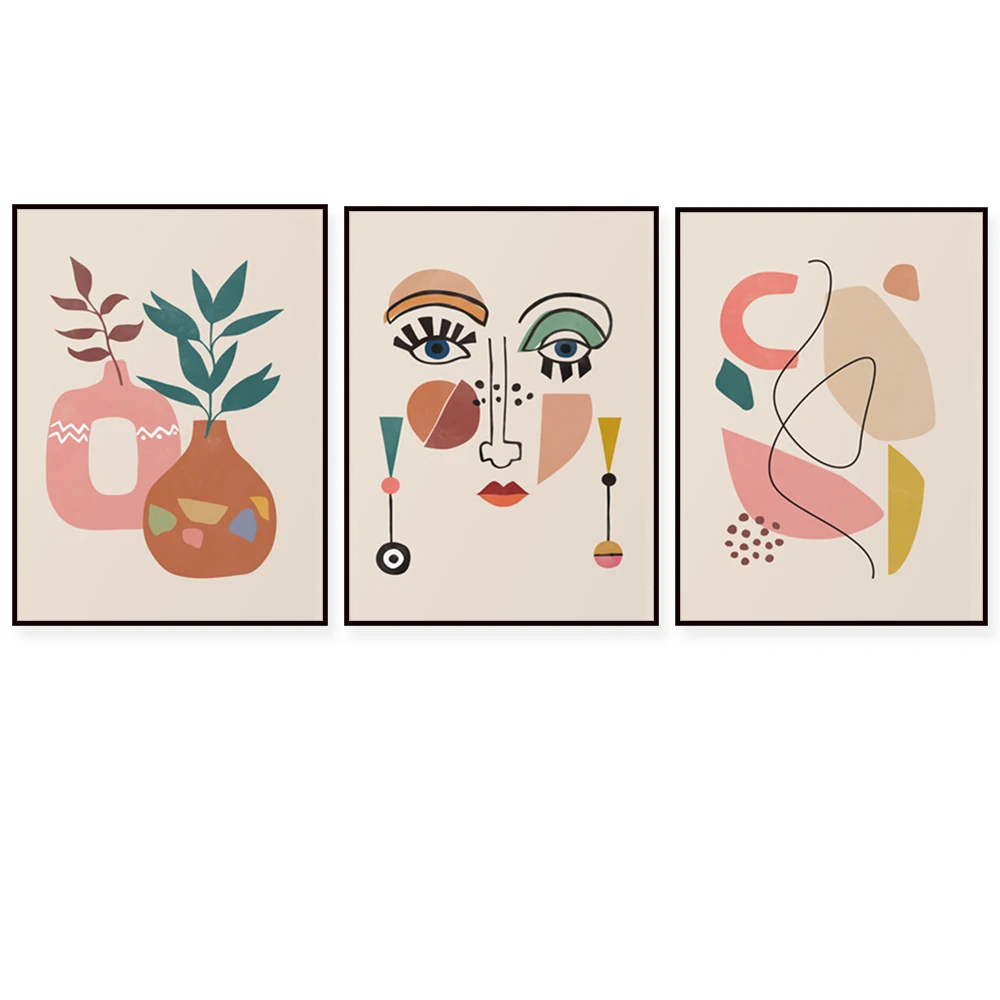 Bohemian Gallery Wall Set 3 pieces of prints, abstract printable wall art, terracotta bohemian line art print, mid-century moder