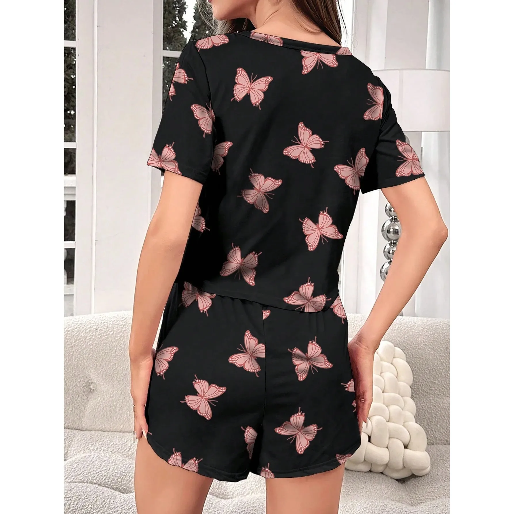 Women's New Style Pajamas Set with Bow Print Short-Sleeved Top and Shorts Two-Piece Casual Home Wear Home-Based Casual Wear