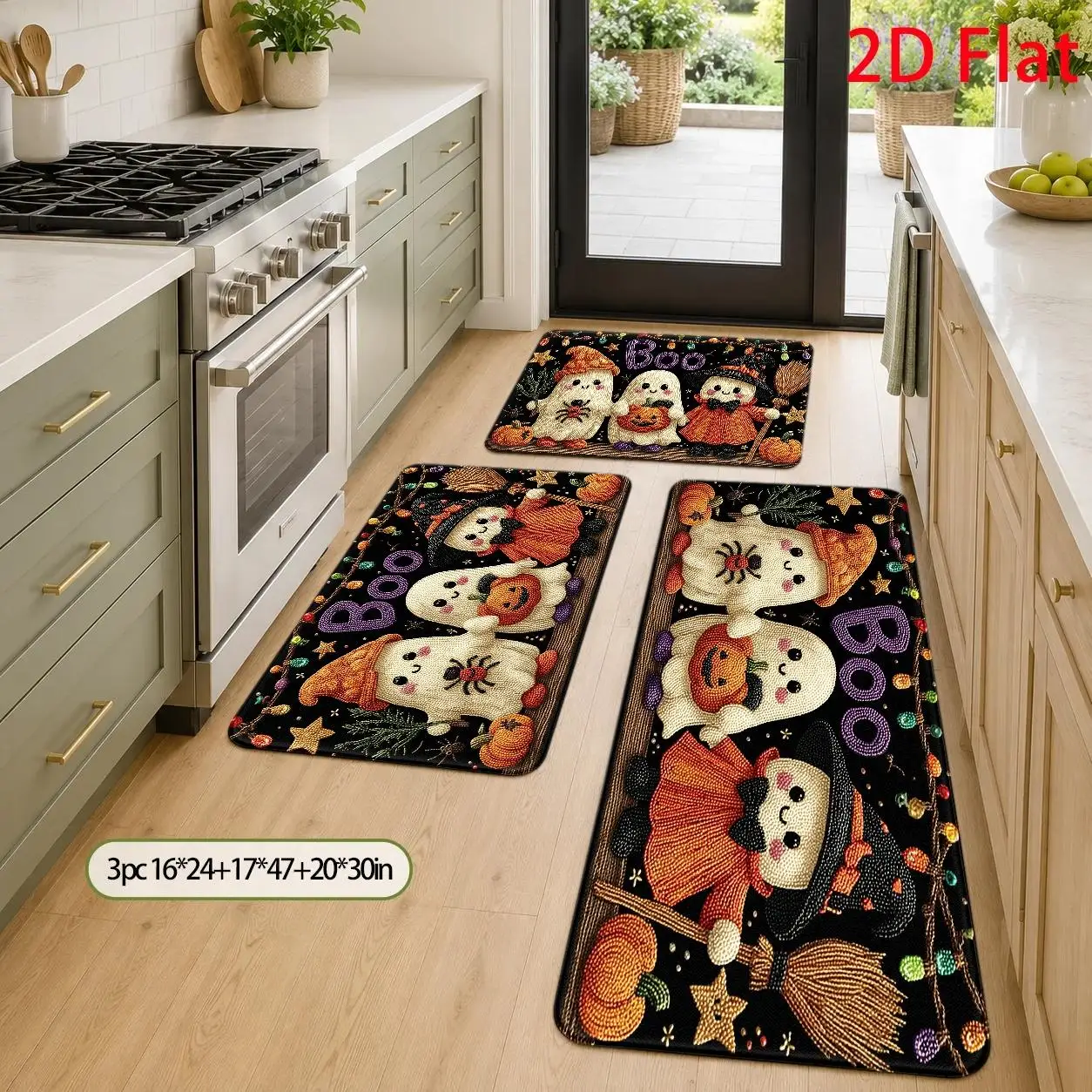 1pc, 2pcs, 3pcs, 2D Flat Kitchen Floor Mat Set, Halloween Themed Floor Mat, Cute Ghosts And Witch Design, Festive Spooky Pattern, Easy-To-Clean Decorative Kitchen Mat, Suitable for Kitchen, Bathroom, Laundry Room, Dining Table