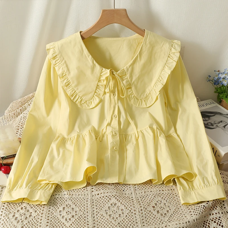 Sweet Peter Pan Collar Blouse Long Sleeve Single Breasted Lace Up Solid Color Women Shirts Spring Summer Casual Tops