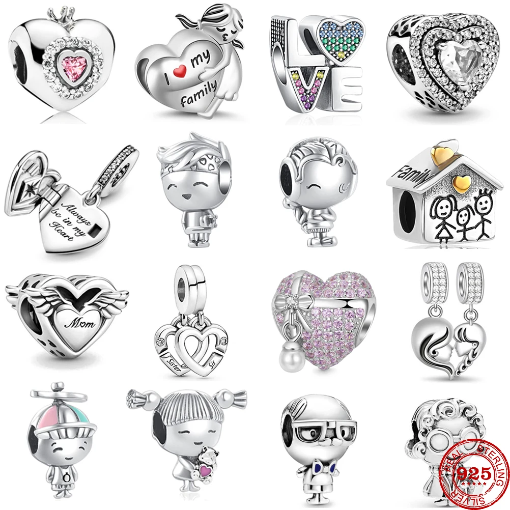 Breloque famille en argent Sterling 925 Europe, Bracelet Pandora Original, pendentif pour garçon et fille, perle étincelante pour maman et sœurs